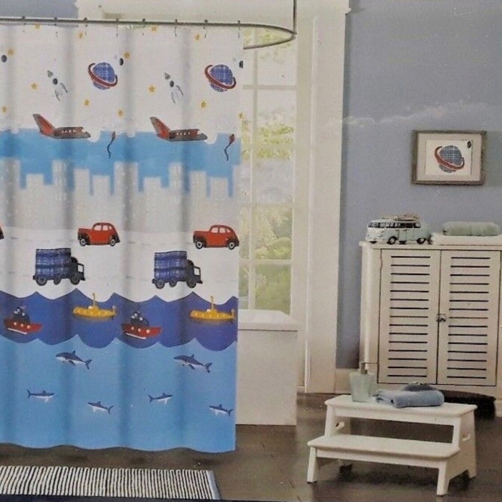Rugged Bear Shower Curtain 72”x72” Cars Trucks Boats Airplanes Sharks Blue NEW
